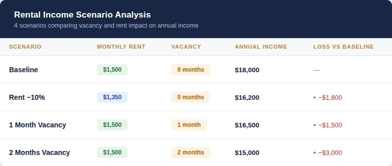 Table comparing four rental income scenarios: Baseline ($1,500/month, no vacancy, $18,000 annual income), Rent minus 10% ($1,350/month, no vacancy, $16,200 annual income, negative $1,800 loss), 1 Month Vacancy ($1,500/month, $16,500 annual income, negative $1,500 loss), and 2 Months Vacancy ($1,500/month, $15,000 annual income, negative $3,000 loss).
