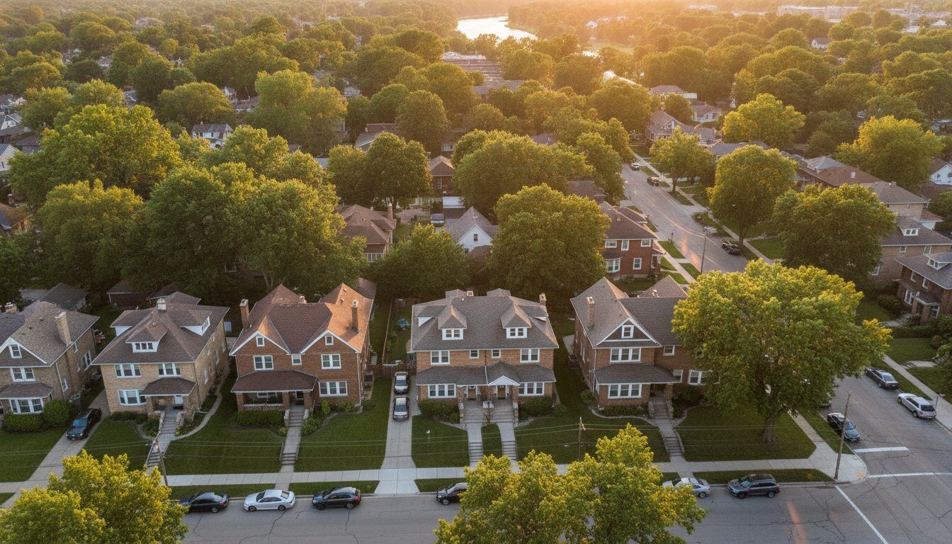 An established Milwaukee residential neighborhood of duplexes and single-family investment homes at golden hour
