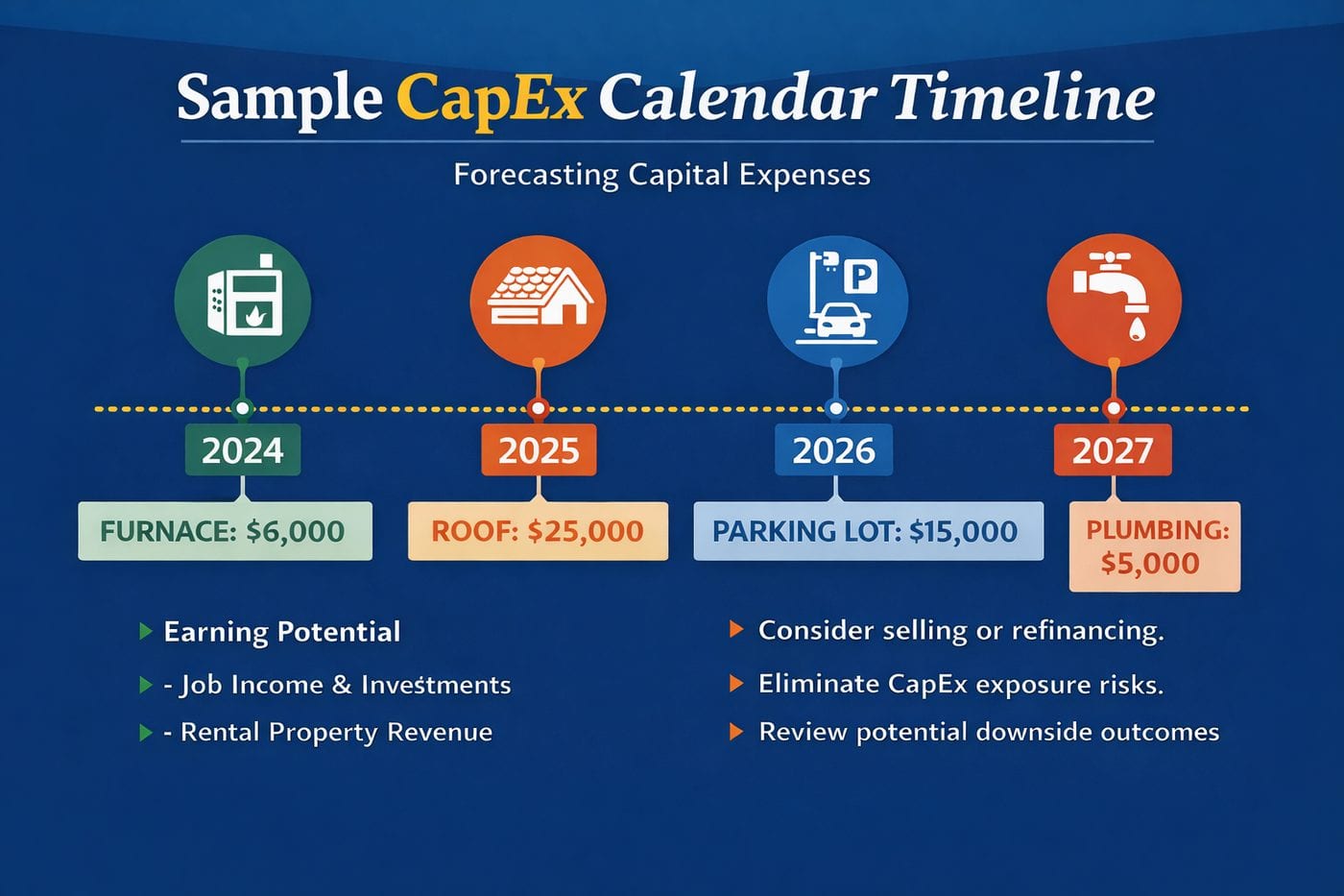 Sample CapEx timeline: furnace ,000 in 2024, roof ,000 in 2025, parking lot ,000 in 2026, plumbing ,000 in 2027