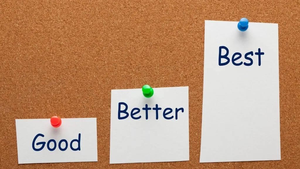 Good, Better and Best notes pinned on a corkboard in rising order