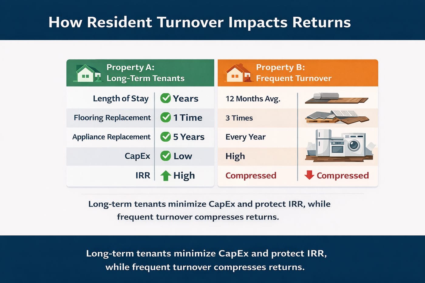 Chart comparing long-term residents and frequent turnover: turnover raises CapEx and compresses IRR