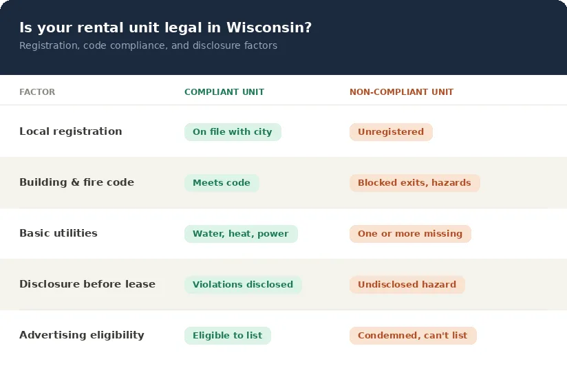 Table comparing compliant and non-compliant Wisconsin rental units on registration, codes, utilities and disclosure