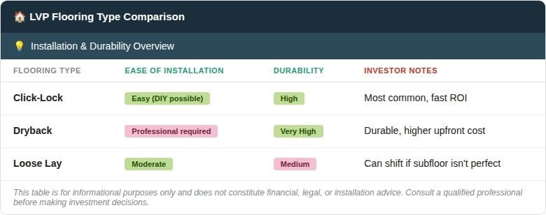 Table comparing click-lock, dryback and loose lay LVP flooring on installation, durability and investor notes