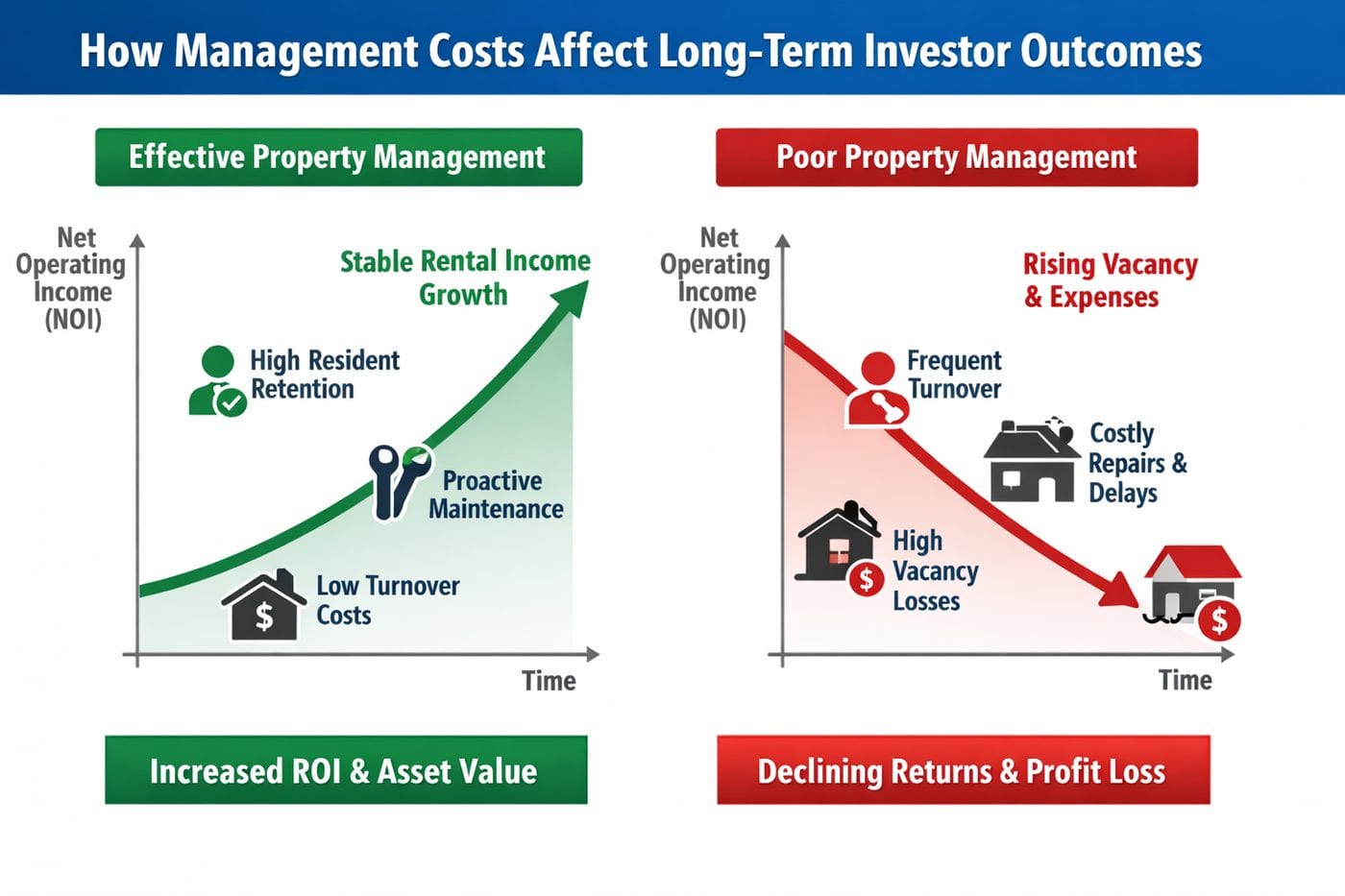 Charts showing effective property management growing net operating income while poor management reduces it