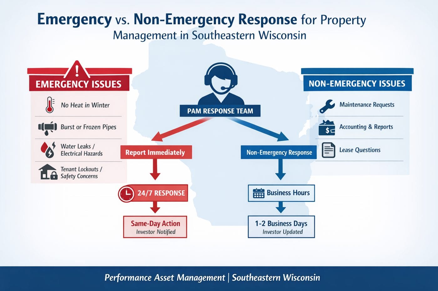 Chart of PAM emergency vs non-emergency response in Southeastern Wisconsin: 24/7 for emergencies, 1 to 2 days otherwise