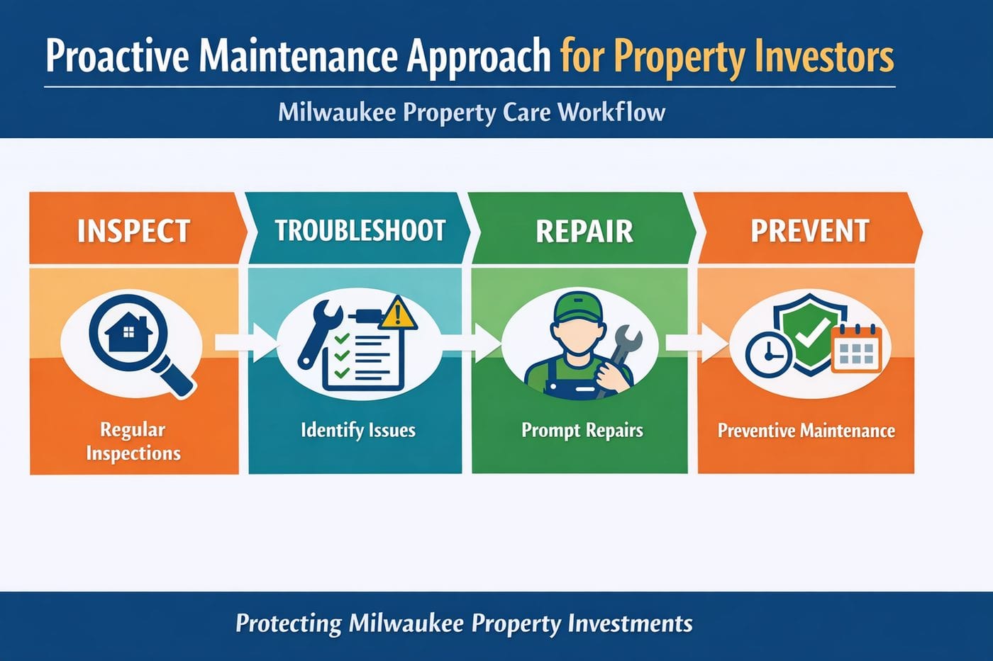 Four-step Milwaukee property maintenance workflow: inspect, troubleshoot, repair, prevent