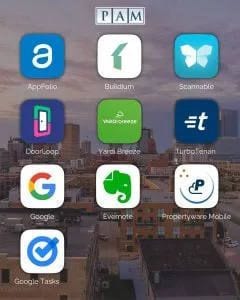 Grid of property management app icons including AppFolio, Buildium, DoorLoop, Yardi Breeze, Google and Evernote