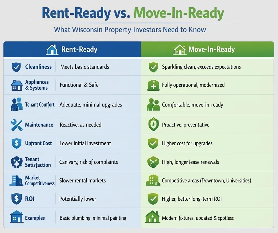 Chart comparing rent-ready and move-in-ready units on cleanliness, systems, maintenance, cost and ROI