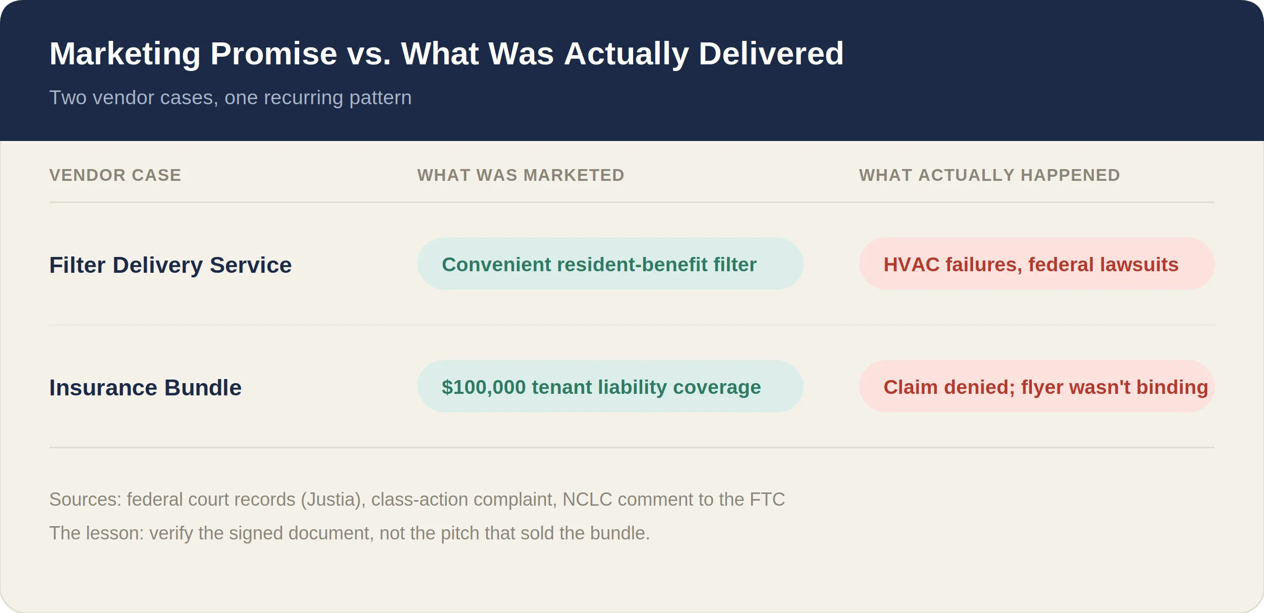 Table of two vendor cases, a filter service and an insurance bundle, comparing marketing with what was delivered