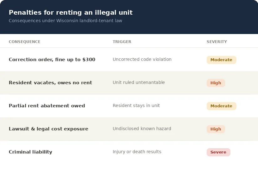 Table of Wisconsin penalties for an illegal rental unit, from a fine up to 0 to criminal liability