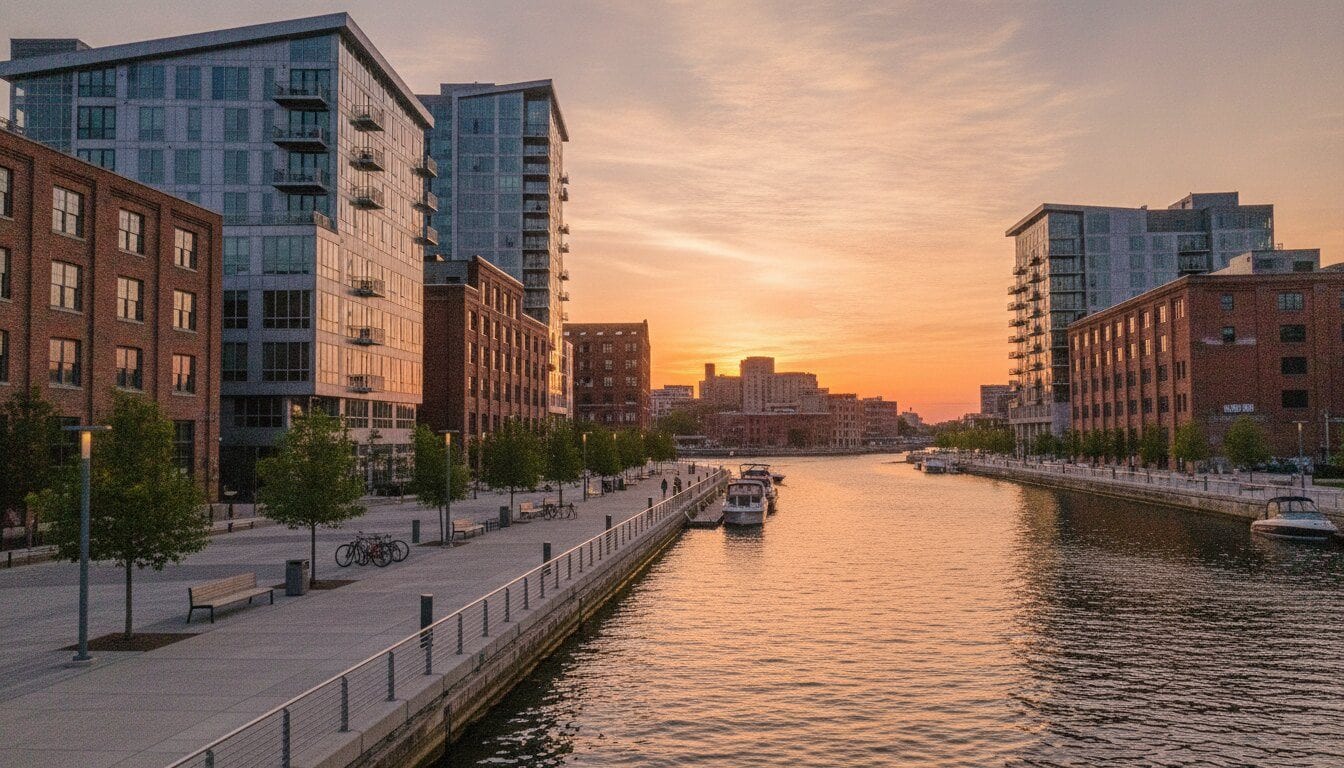 Modern riverfront apartments in Milwaukee's Fifth Ward Harbor District