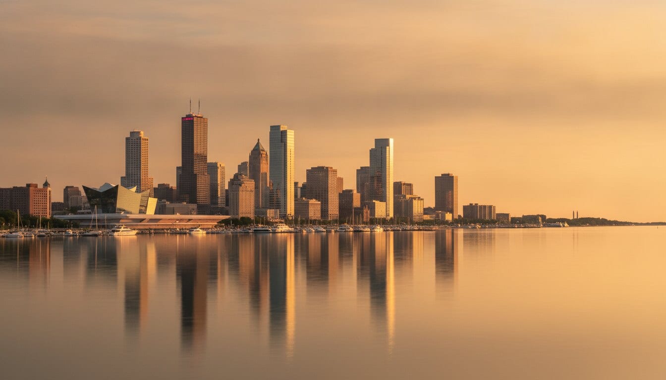 The Milwaukee skyline along the Lake Michigan lakefront at golden hour
