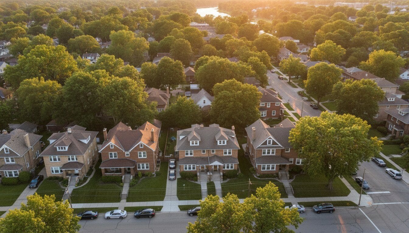 An established Milwaukee residential neighborhood of duplexes and single-family investment homes at golden hour