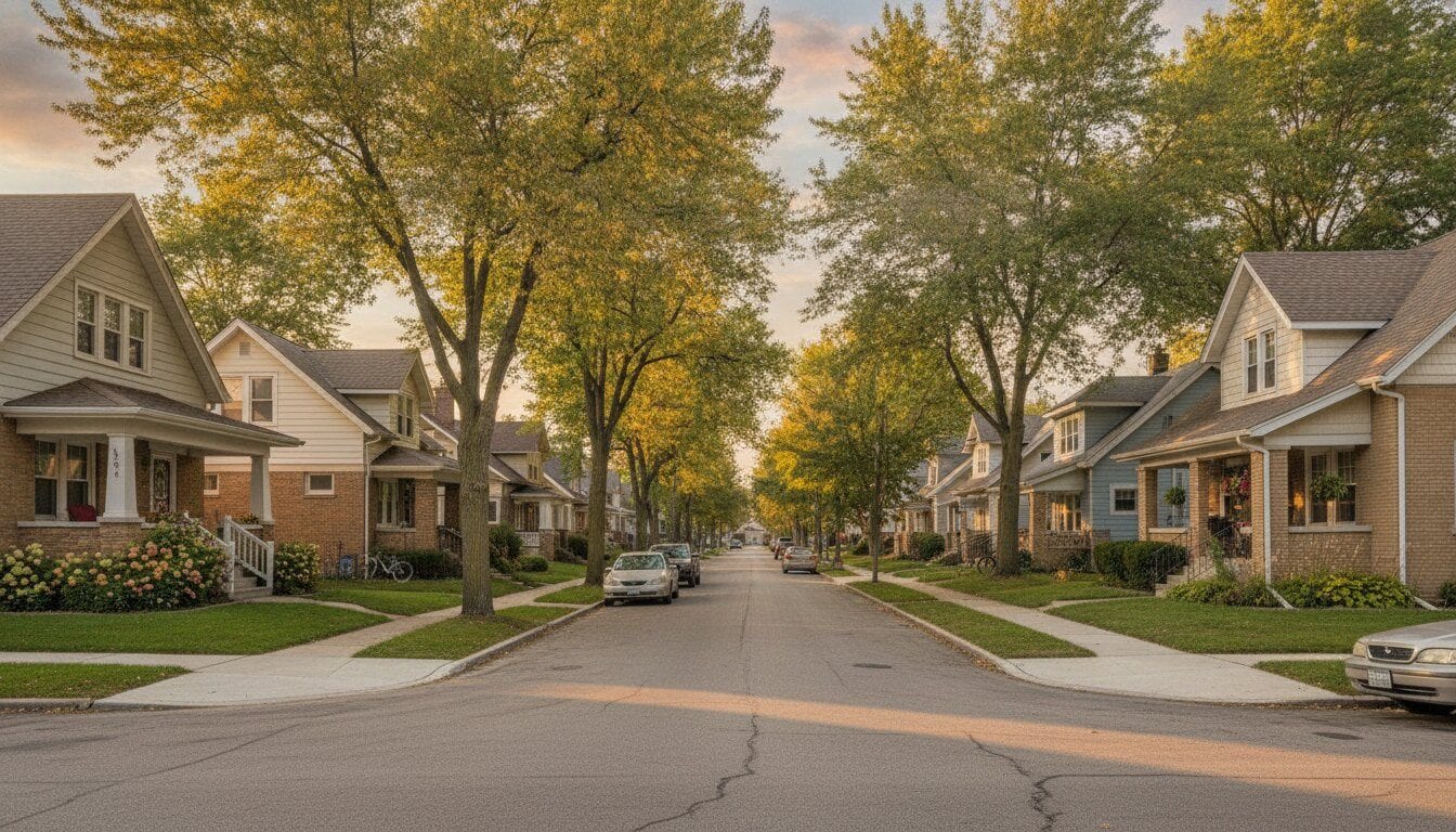 Well-kept single-family and duplex rental homes on a Milwaukee residential street in autumn