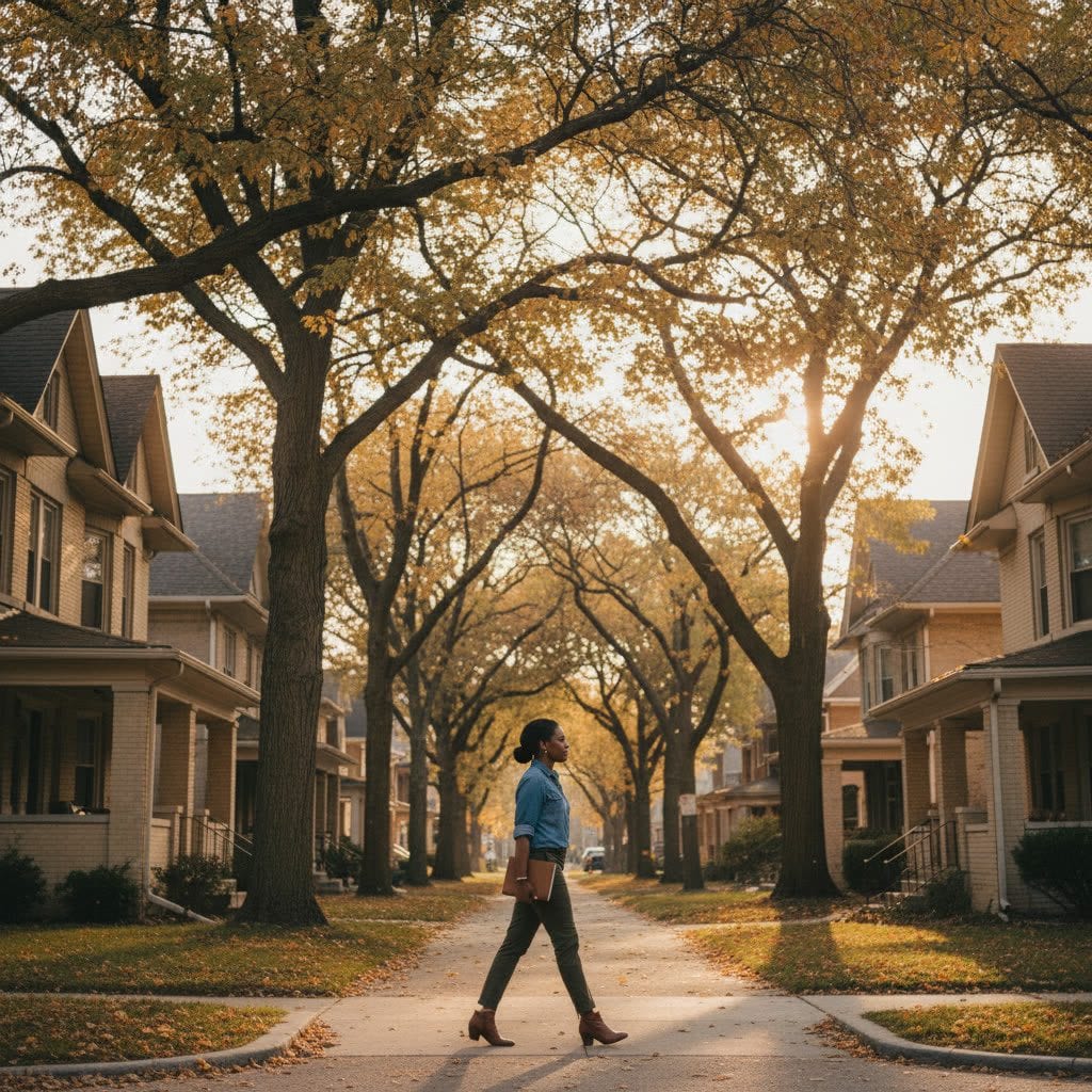 PAM property manager walking a tree-lined Milwaukee residential street at golden hour, leather notebook in hand